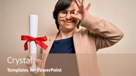  Presentation with award - Presentation design with young-down-syndrome-business-woman background and a coral colored foreground