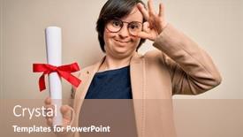  Presentation with award - Cool new slide set with young-down-syndrome-business-woman backdrop and a coral colored foreground