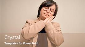  Presentation with hands down - Amazing PPT theme having young-down-syndrome-business-woman backdrop and a coral colored foreground