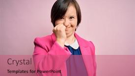  Presentation with business pink - Colorful PPT theme enhanced with young-down-syndrome-business-woman backdrop and a coral colored foreground