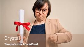  Presentation with award - Beautiful presentation design featuring young-down-syndrome-business-woman backdrop and a coral colored foreground