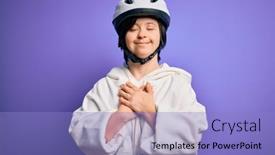  Presentation with down syndrome - Presentation design having young-down-syndrome-cyclist-woman background and a light blue colored foreground