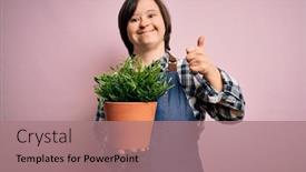  Presentation with young plant - Cool new PPT theme with young-down-syndrome-gardener-woman backdrop and a coral colored foreground