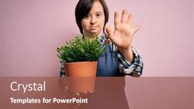  Presentation with hand holding plant - Presentation theme consisting of young-down-syndrome-gardener-woman background and a tawny brown colored foreground