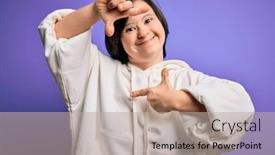  Presentation with hands down - PPT layouts having young-down-syndrome-sports-woman background and a mint green colored foreground