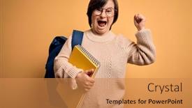  Presentation with down syndrome - Slides having young-down-syndrome-student-woman background and a coral colored foreground