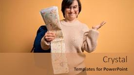  Presentation with down syndrome - Colorful PPT theme enhanced with young-down-syndrome-tourist-woman backdrop and a coral colored foreground