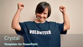  Presentation with volunteer - PPT theme consisting of young-down-syndrome-volunteer-woman background and a ocean colored foreground