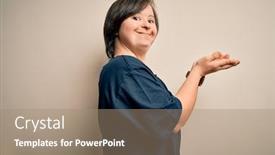  Presentation with hands down - Cool new slide set with young-down-syndrome-volunteer-woman backdrop and a coral colored foreground