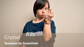  Presentation with volunteer - Presentation consisting of young-down-syndrome-volunteer-woman background and a coral colored foreground