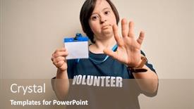  Presentation with volunteer - PPT layouts featuring young-down-syndrome-volunteer-woman background and a coral colored foreground