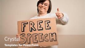  Presentation with free speech - Theme with young-down-syndrome-woman-holding background and a coral colored foreground