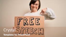  Presentation with free speech - Audience pleasing PPT theme consisting of young-down-syndrome-woman-holding backdrop and a coral colored foreground