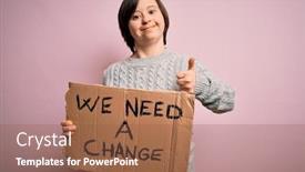  Presentation with political woman - PPT theme enhanced with young-down-syndrome-woman-holding background and a tawny brown colored foreground