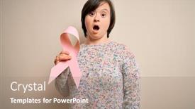  Presentation with pink ribbon breast awareness - PPT theme featuring young-down-syndrome-woman-holding background and a coral colored foreground