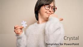  Presentation with cooperation puzzle - Beautiful presentation design featuring young-down-syndrome-woman-holding backdrop and a soft green colored foreground