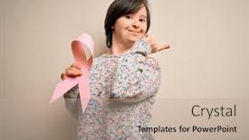  Presentation with pink ribbon breast awareness - Beautiful slide set featuring young-down-syndrome-woman-holding backdrop and a mint green colored foreground