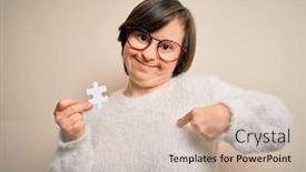 Presentation with cooperation puzzle - Presentation design enhanced with young-down-syndrome-woman-holding background and a soft green colored foreground