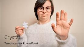  Presentation with cooperation puzzle - Audience pleasing presentation design consisting of young-down-syndrome-woman-holding backdrop and a mint green colored foreground