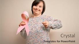  Presentation with pink ribbon breast awareness - Slide set with young-down-syndrome-woman-holding background and a coral colored foreground