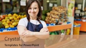  Presentation with down syndrom - Slide deck having young-down-syndrome-woman-smiling background and a coral colored foreground