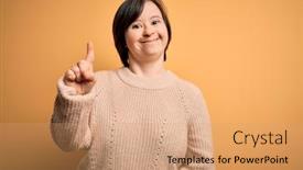  Presentation with down syndrome - Presentation design with young-down-syndrome-woman-wearing background and a coral colored foreground