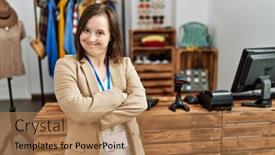  Presentation with down syndrome - Slide deck consisting of young-down-syndrome-woman-working background and a coral colored foreground