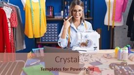  Presentation with sewing - PPT layouts consisting of young-dressmaker-woman-using-sewing background and a coral colored foreground