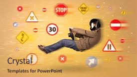  Presentation with road signs - PPT theme having young driver with road signs background and a  colored foreground