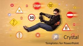  Presentation with road signs - Audience pleasing PPT theme consisting of young driver with road signs backdrop and a yellow colored foreground