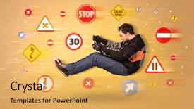  Presentation with road signs - Beautiful presentation design featuring young driver with road signs backdrop and a yellow colored foreground