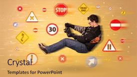  Presentation with road signs - PPT theme having young driver with road signs background and a  colored foreground
