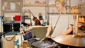  Presentation with music headphones - Presentation theme enhanced with young-drummer-with-headphones-beating background and a coral colored foreground