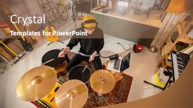  Presentation with headphones - Presentation theme featuring young-drummer-with-headphones-holding background and a coral colored foreground