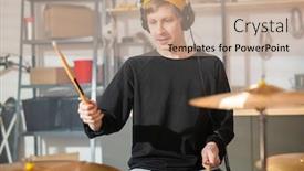  Presentation with headphones - Presentation having young-drummer-with-headphones-holding background and a mint green colored foreground