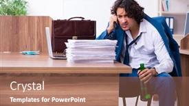  Presentation with employee - PPT theme with young drunk employee in the office background and a coral colored foreground