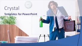  Presentation with employee - Slide deck having young drunk employee in the office background and a sky blue colored foreground