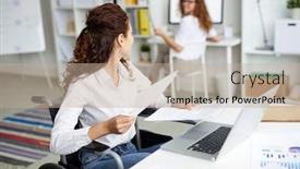  Presentation with consulting - Colorful slide deck enhanced with young economist in wheelchair working with papers by workplace and consulting with colleague backdrop and a mint green colored foreground