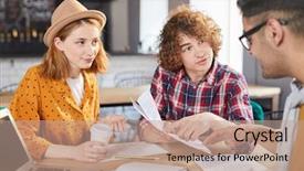  Presentation with one young man exercising handball - Cool new theme with young economists pointing at text backdrop and a coral colored foreground