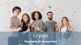  Presentation with confetti - Beautiful presentation theme featuring young ecstatic multiracial friends cheering up with champagne in colorful confetti at home party backdrop and a teal colored foreground