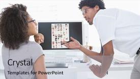  Presentation with team working together - Beautiful presentation theme featuring young editorial team working together backdrop and a light gray colored foreground