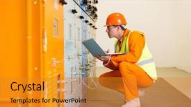  Presentation with electrical engineer - Slide deck featuring young electrical engineer working background and a gold colored foreground