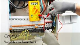  Presentation with distribution - Audience pleasing slides consisting of young electrician measuring voltage backdrop and a coral colored foreground