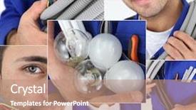  Presentation with electrician - Presentation design with young electrician photo-montage background and a coral colored foreground