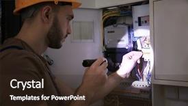  Presentation with electrician - Audience pleasing presentation consisting of young electrician with flashlight near backdrop and a wine colored foreground