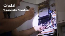  Presentation with dark room for interrogation - Presentation theme featuring young electrician with flashlight near background and a tawny brown colored foreground