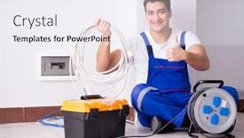  Presentation with electrician - Audience pleasing presentation theme consisting of young electrician working on socket at home backdrop and a sky blue colored foreground