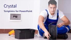  Presentation with electrician - Audience pleasing presentation consisting of young electrician working on socket at home backdrop and a sky blue colored foreground