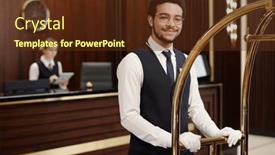  Presentation with lounge - Presentation design with young-elegant-bellboy-in-uniform background and a tawny brown colored foreground