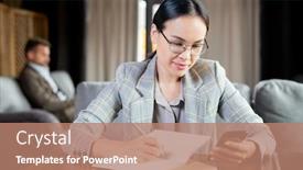  Presentation with scrolling - Audience pleasing presentation design consisting of young elegant brunette businesswoman scrolling in smartphone while making working notes in copybook by table in cafe backdrop and a coral colored foreground